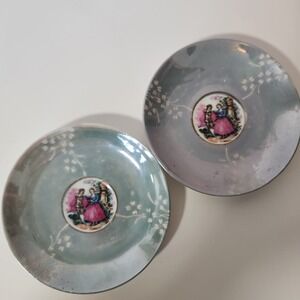 Vintage Lusterware Saucers Fragonard Courting Couple Iridescent Floral Set of 2